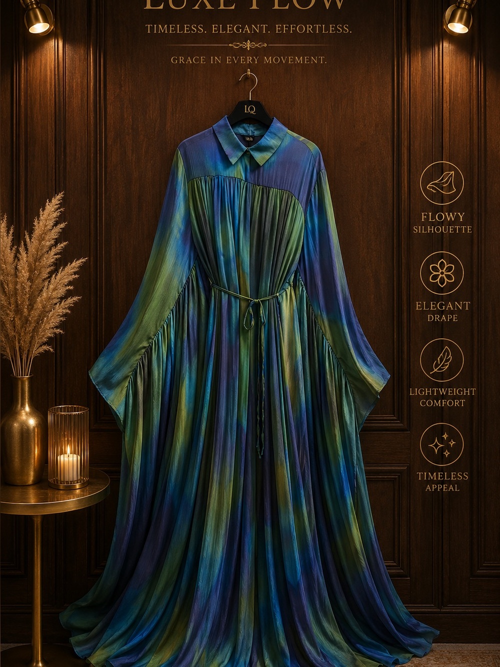 Luxe Flow Ombre Green-Blue Maxi Dress with Tie Waist